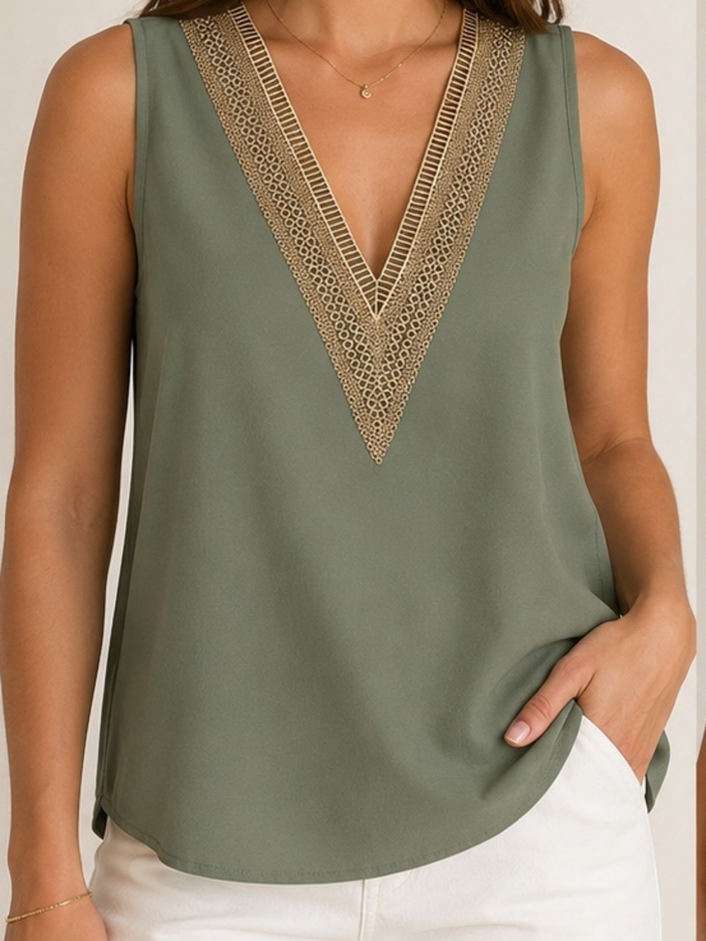 🎀 Olive Green Sleeveless V-Neck Top with Lace Trim